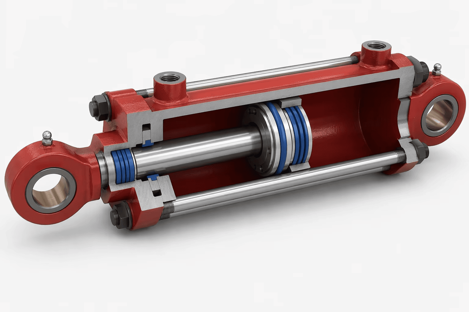 Technical 3D cross-section of internal seals in a tie rod hydraulic cylinder