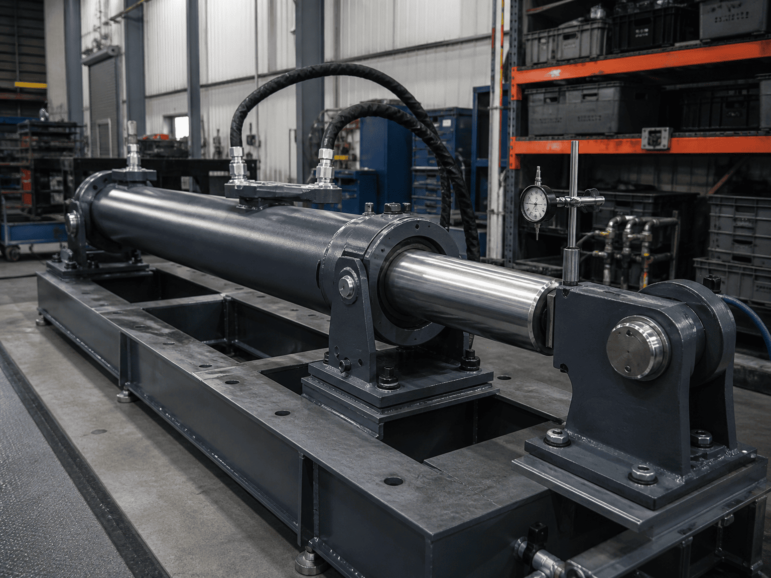 long stroke hydraulic cylinder alignment and deflection verification test rig in manufacturing bay