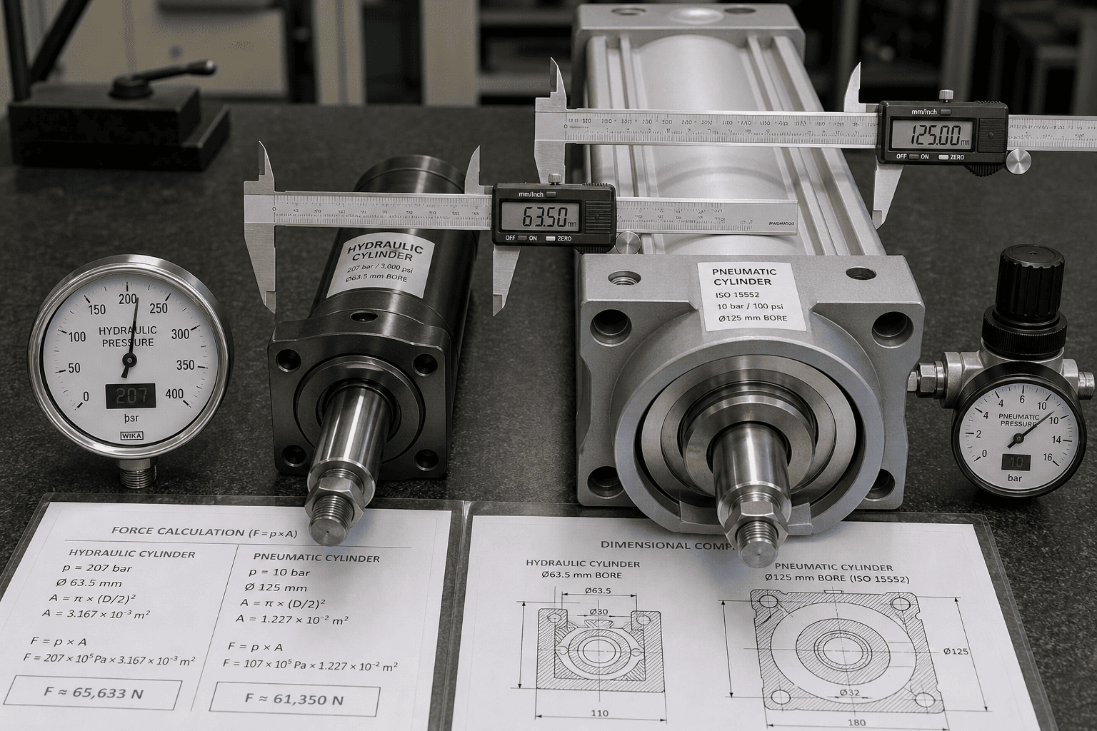 Side-by-side bore size comparison between hydraulic cylinder and ISO 15552 pneumatic cylinder under identical thrust force